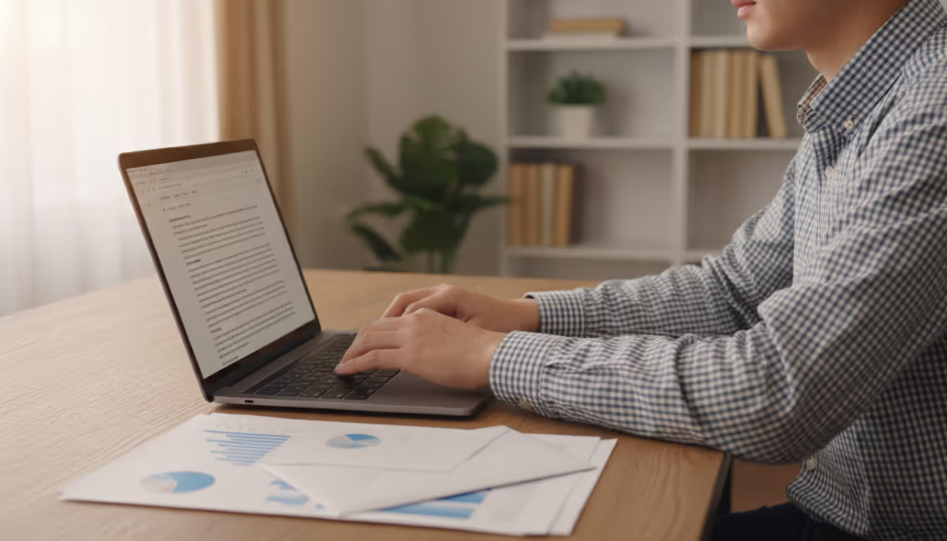 Person typing a formal email on a laptop at a home desk with printed documents and an envelope nearby