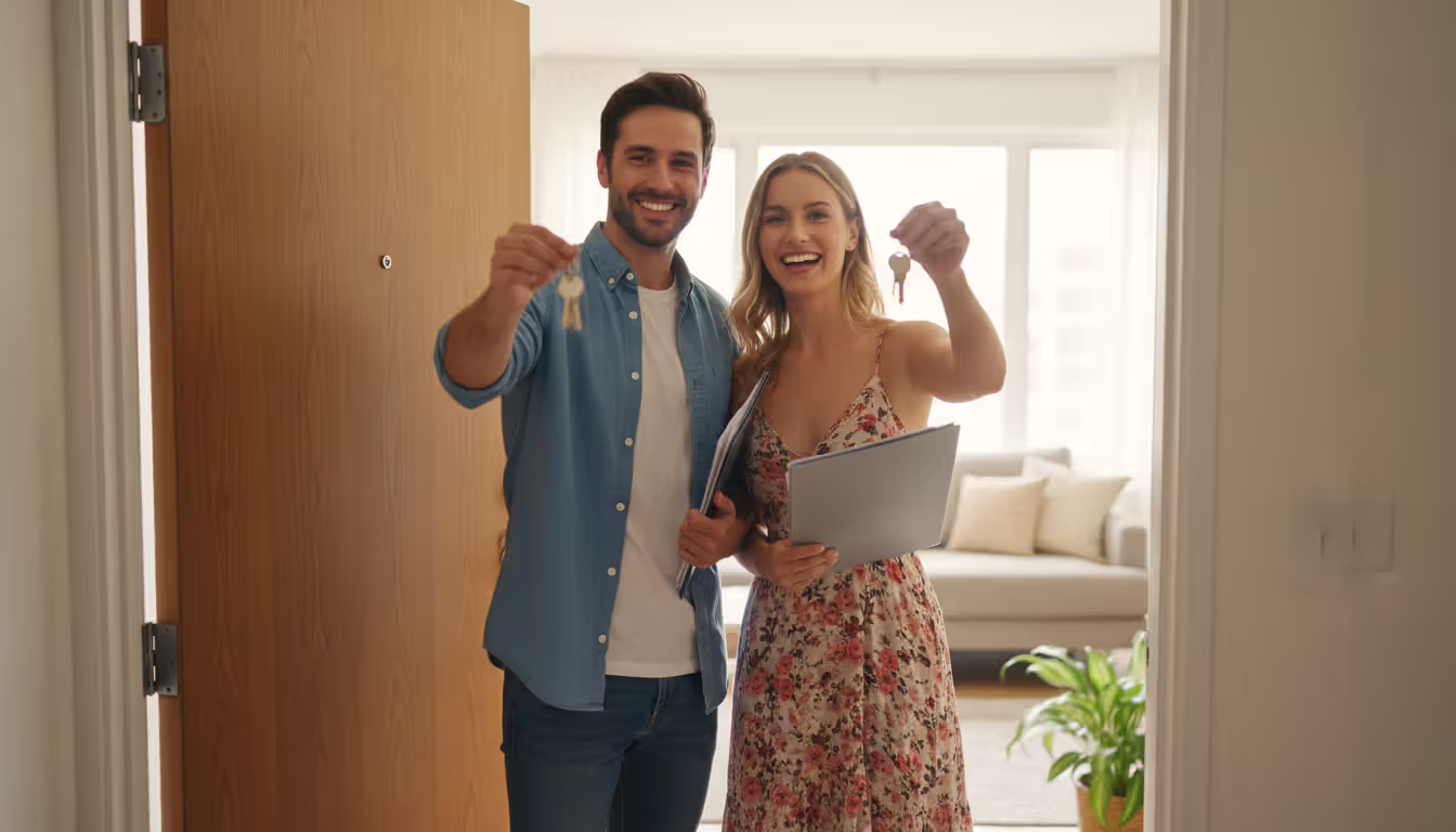 Smiling couple standing at an apartment door holding keys and a folder with lease documents