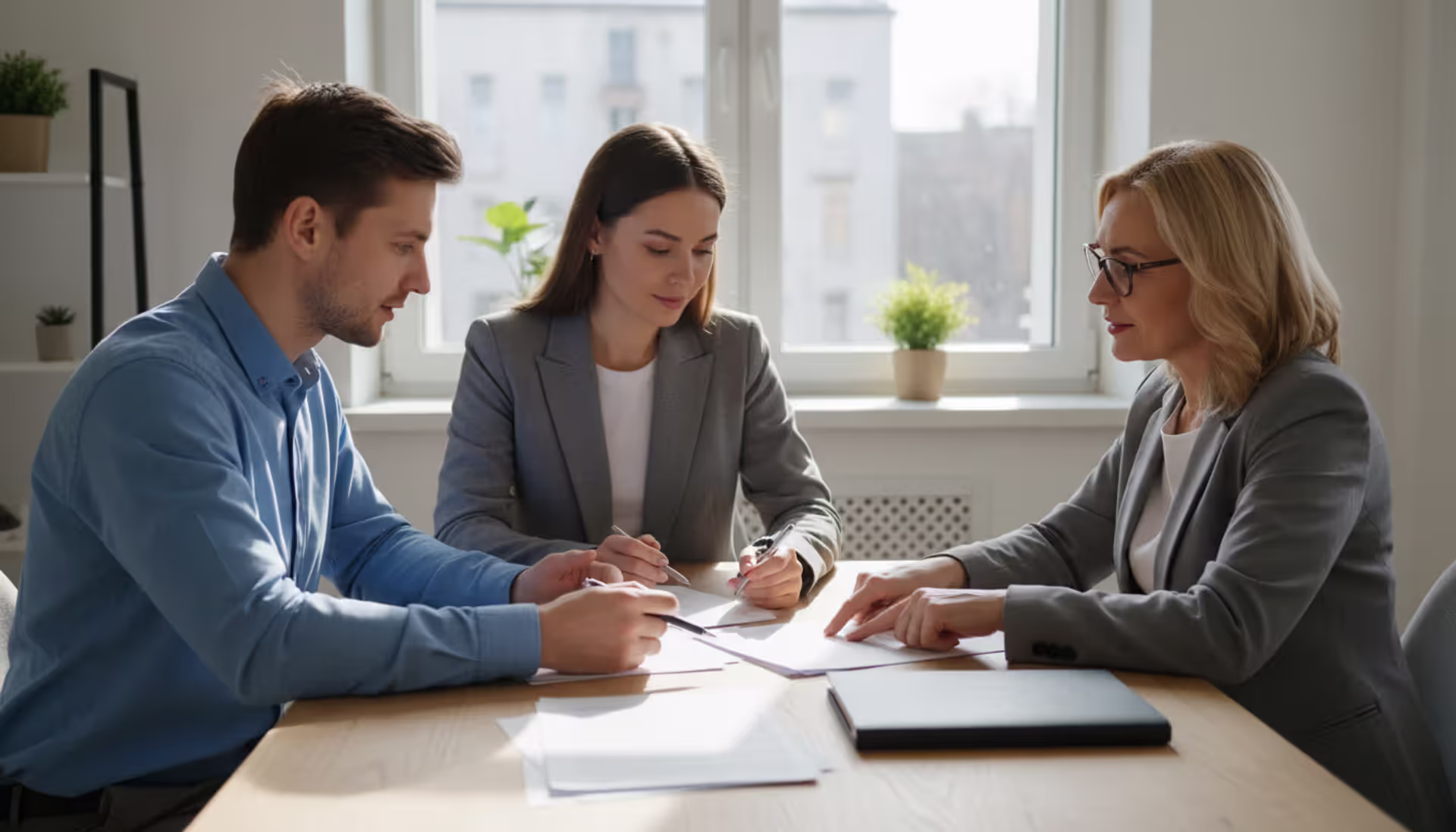 Two tenants sitting at a table discussing lease documents with a landlord in a bright apartment setting