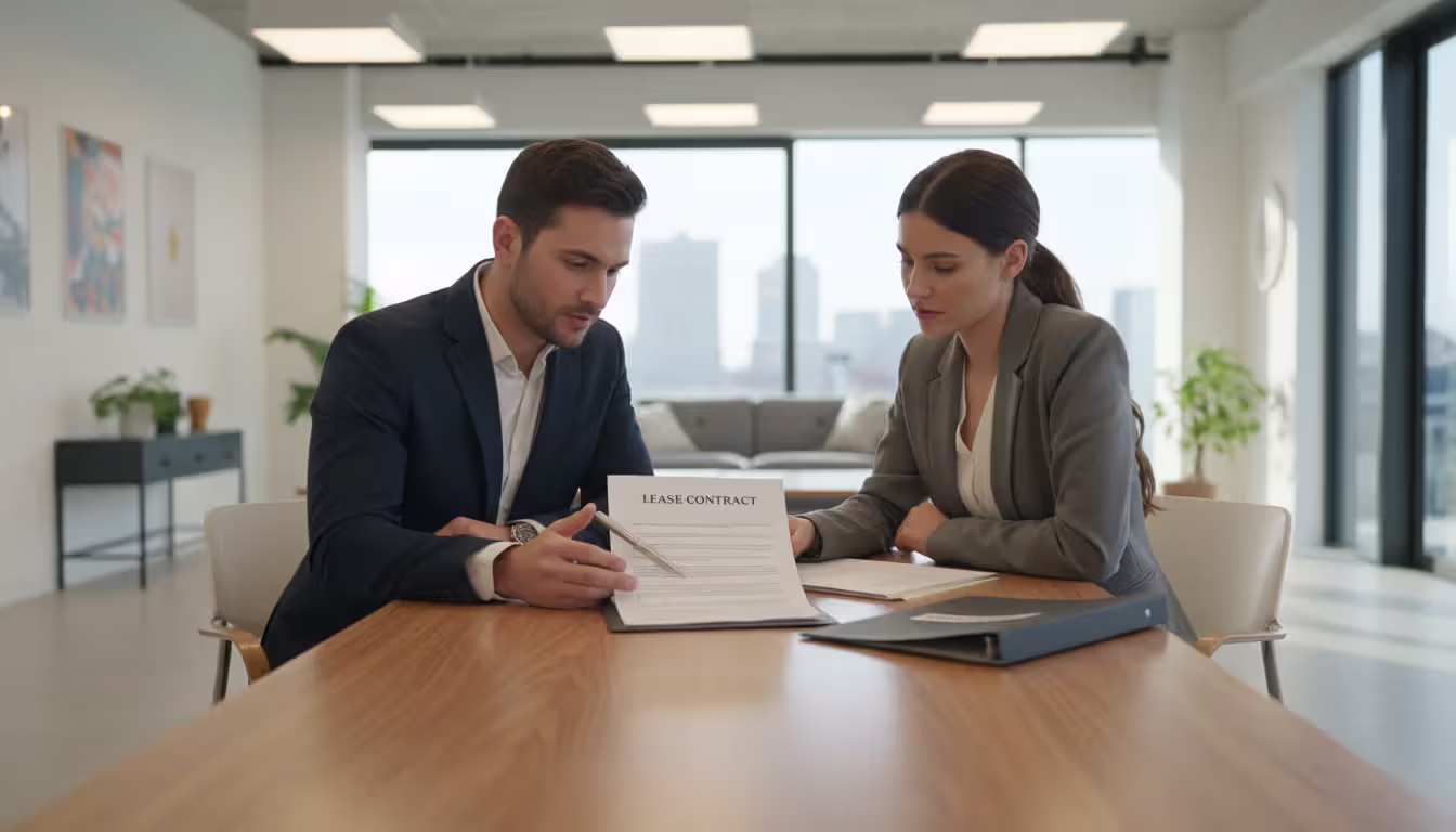 Landlord and tenant sitting at an office desk reviewing a multi-page commercial lease agreement with documents and a pen on the table