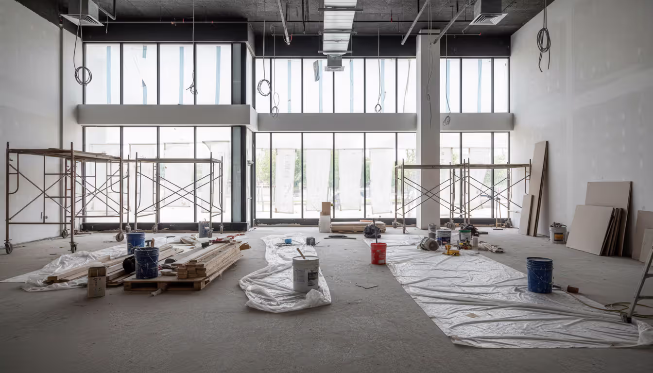 Empty commercial retail space with large storefront windows undergoing tenant improvement construction with building materials and scaffolding