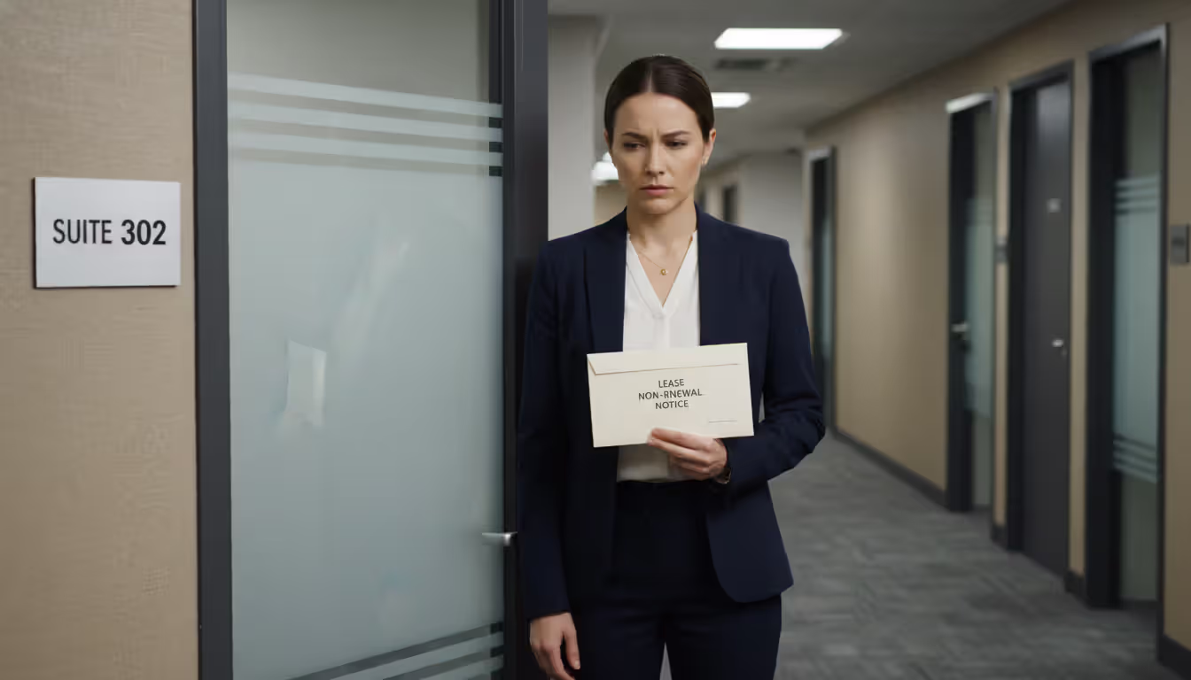 Businesswoman holding a formal notice envelope standing in front of a closed commercial office door in a building hallway