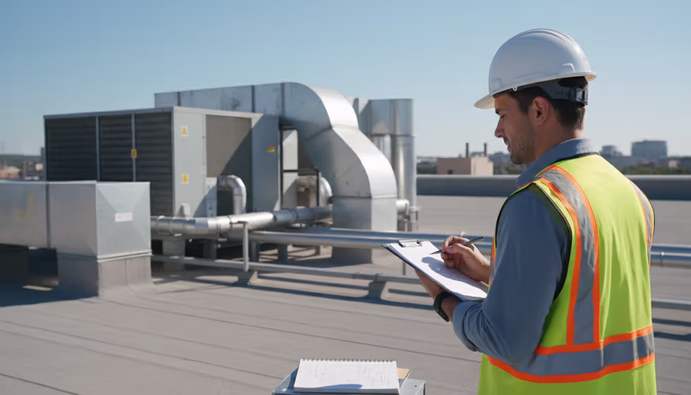 Building inspector in hard hat and safety vest examining rooftop HVAC systems and ventilation equipment on a commercial building