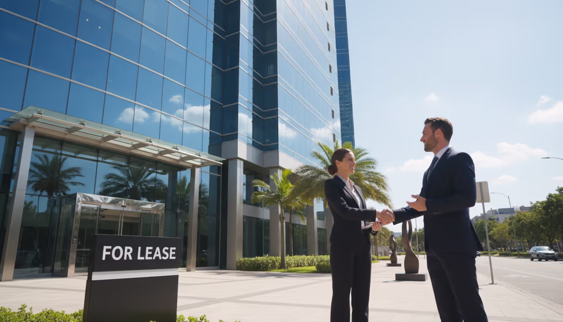Two business professionals shaking hands in front of a modern glass office building with a For Lease sign near the entrance