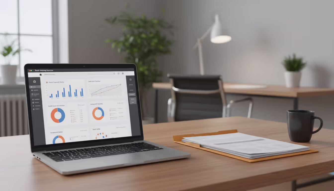 Laptop screen showing tenant screening service interface with charts next to a folder and coffee cup on a desk