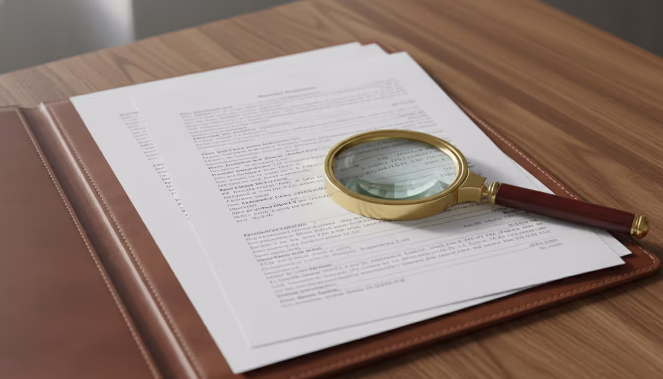 Open folder with printed financial documents and a magnifying glass on a wooden desk in soft daylight