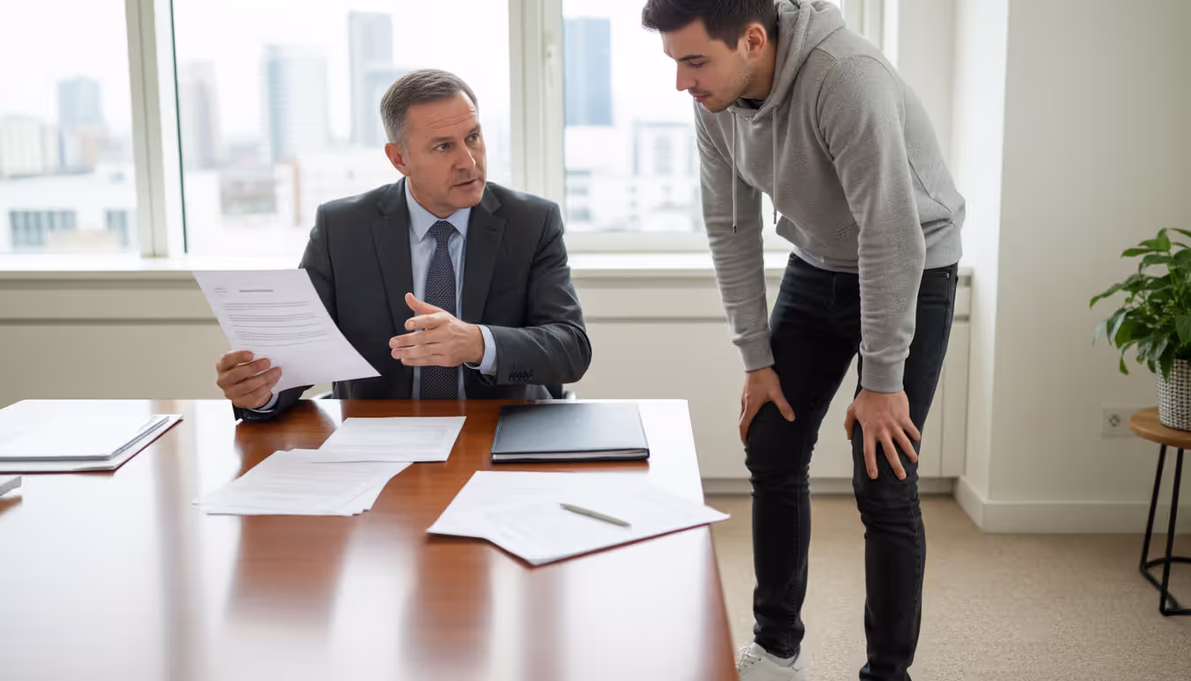 Landlord in business attire showing a document to a young tenant sitting across a table in a bright meeting room