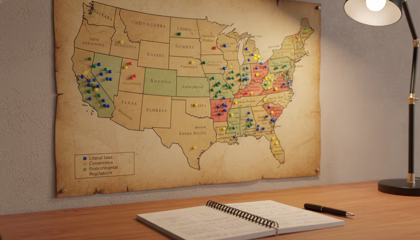 Wall-mounted map of the United States with colorful pin markers in different states and a notebook on a desk below