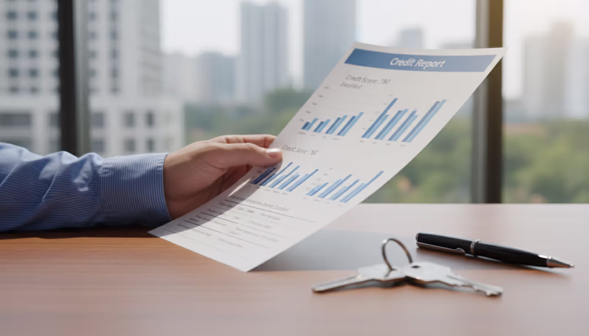 Landlord hand holding a printed credit report document with apartment keys on a desk in a bright office