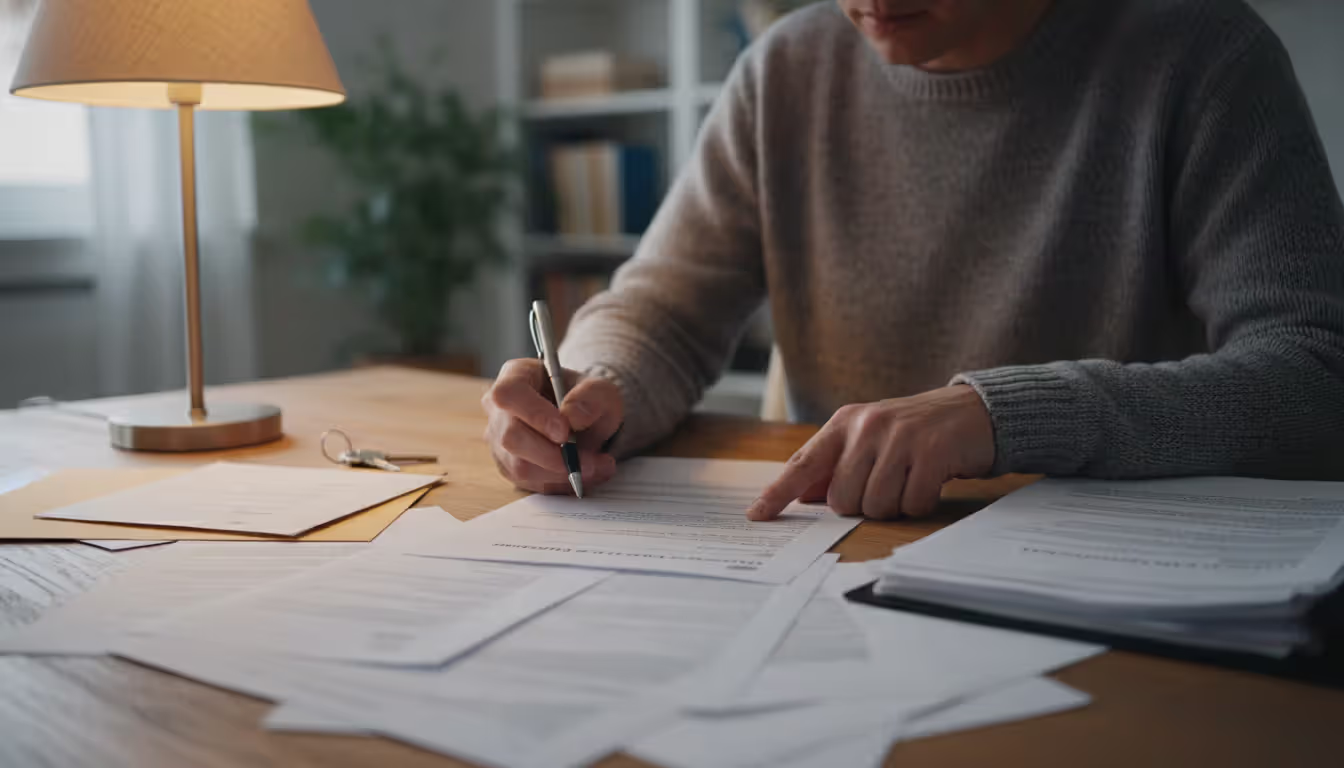 Tenant sitting at a desk reviewing legal documents and letters related to a rent escrow petition