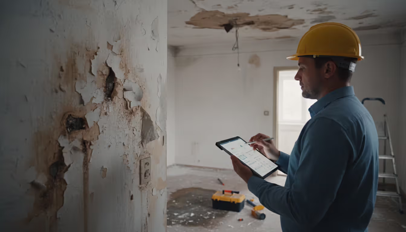 Housing code inspector examining water damage and mold on apartment wall while taking notes on a clipboard