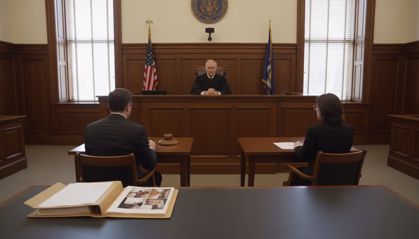 Courtroom hearing scene with a judge tenant and landlord representative during a rent escrow case