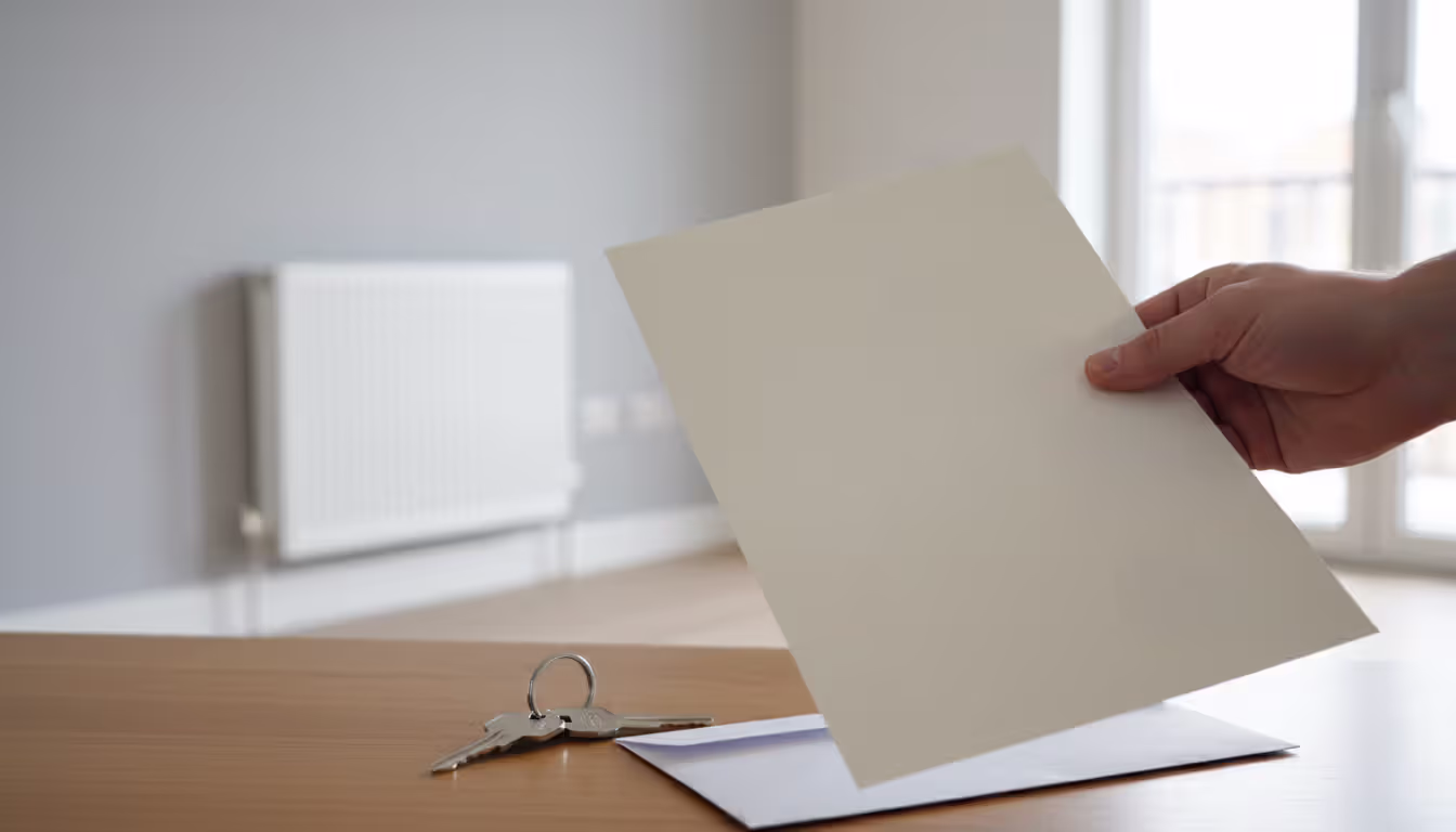 Tenants hand receiving a court order document with apartment keys and a renovated apartment in the background