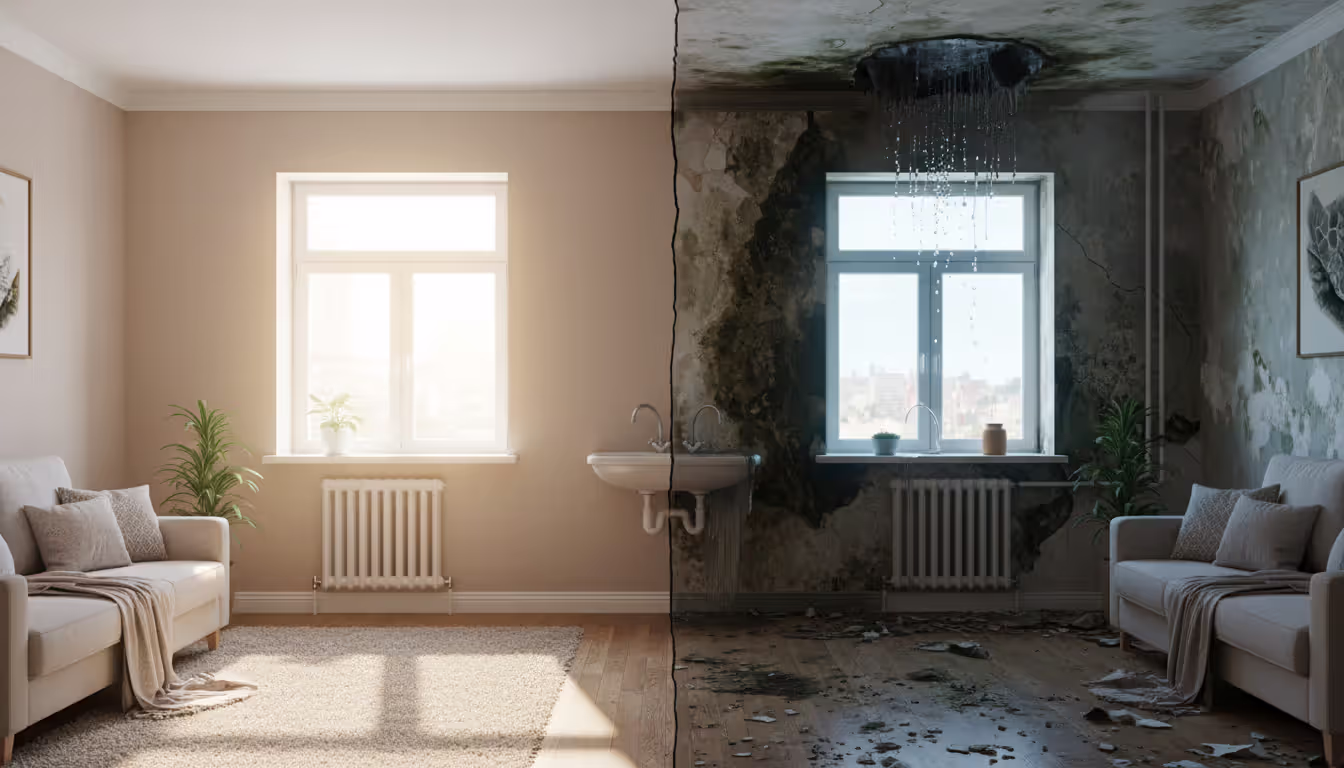 Split view of an apartment showing habitable conditions on one side and uninhabitable conditions with water damage and mold on the other