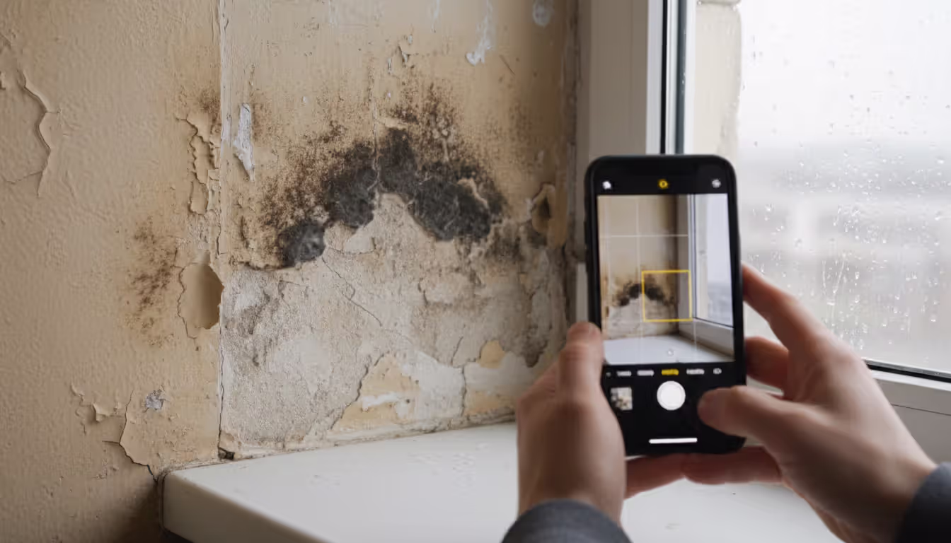Tenant using smartphone to photograph mold damage and water stains on apartment wall for documentation