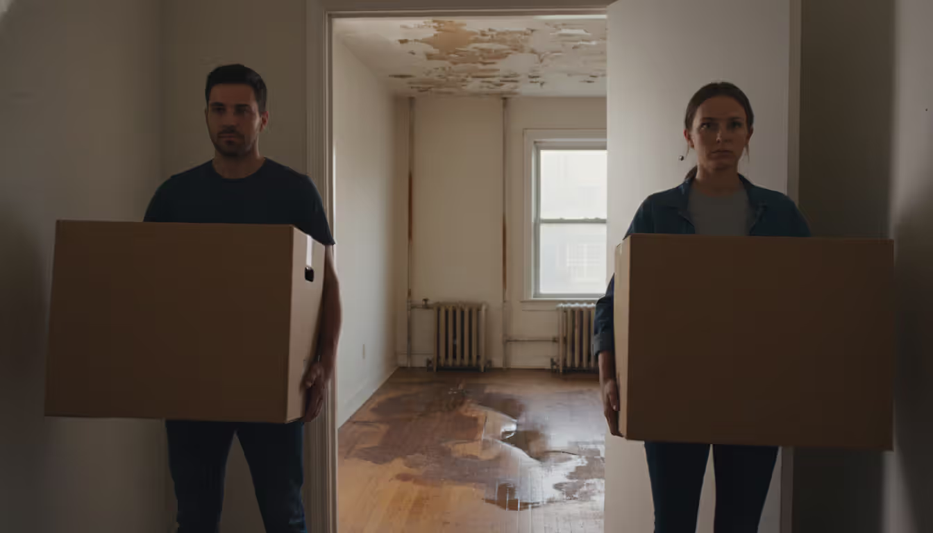 Couple with moving boxes standing at apartment doorway with visible water damage and deteriorating conditions inside