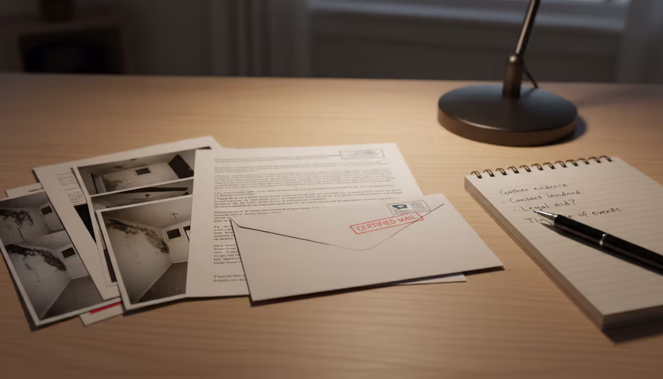 Desk with certified mail envelope, printed photos of apartment damage, documents and notes prepared by tenant to assert housing rights