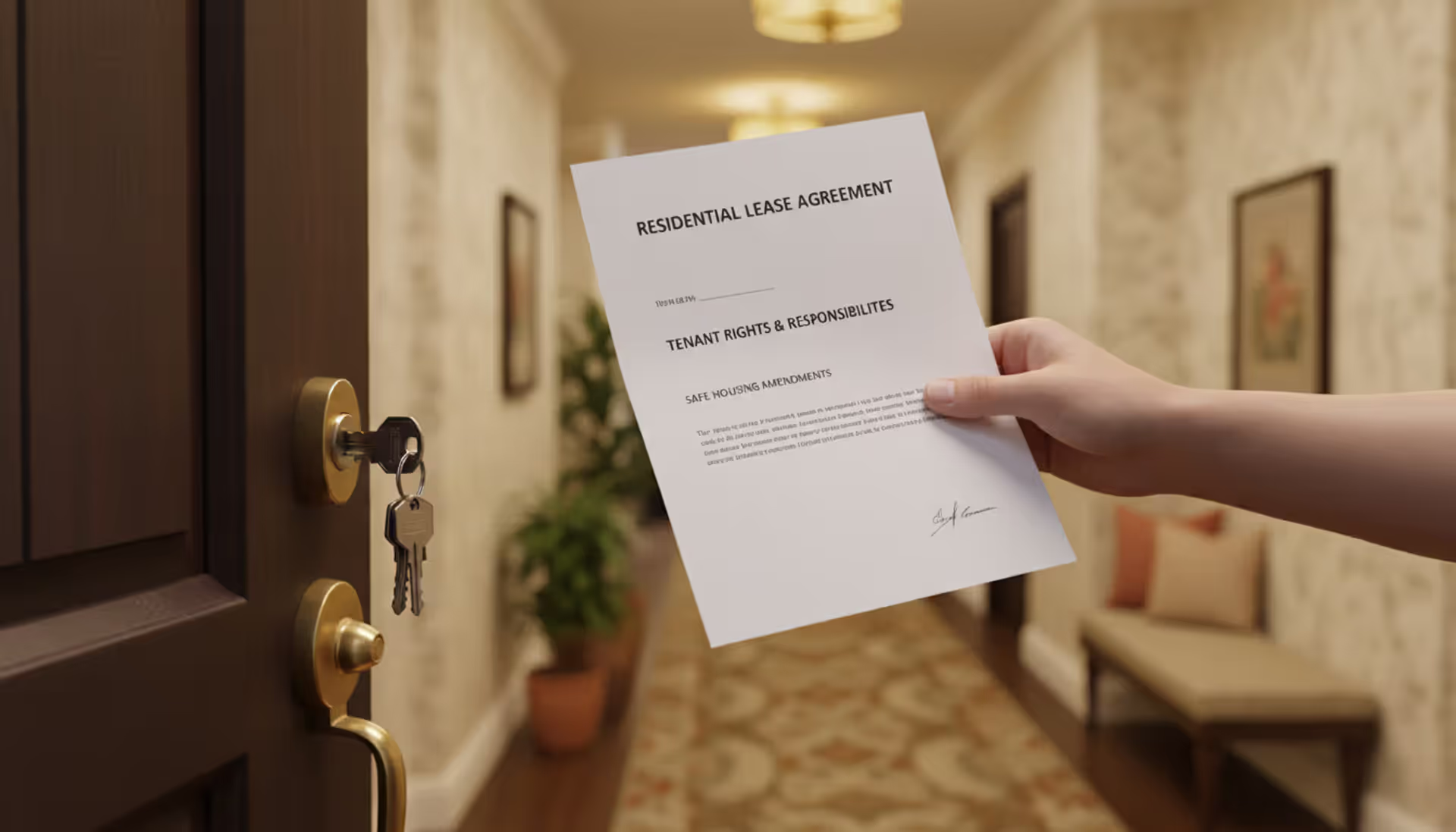 Apartment door with keys in lock and a person holding a lease document in a residential building hallway