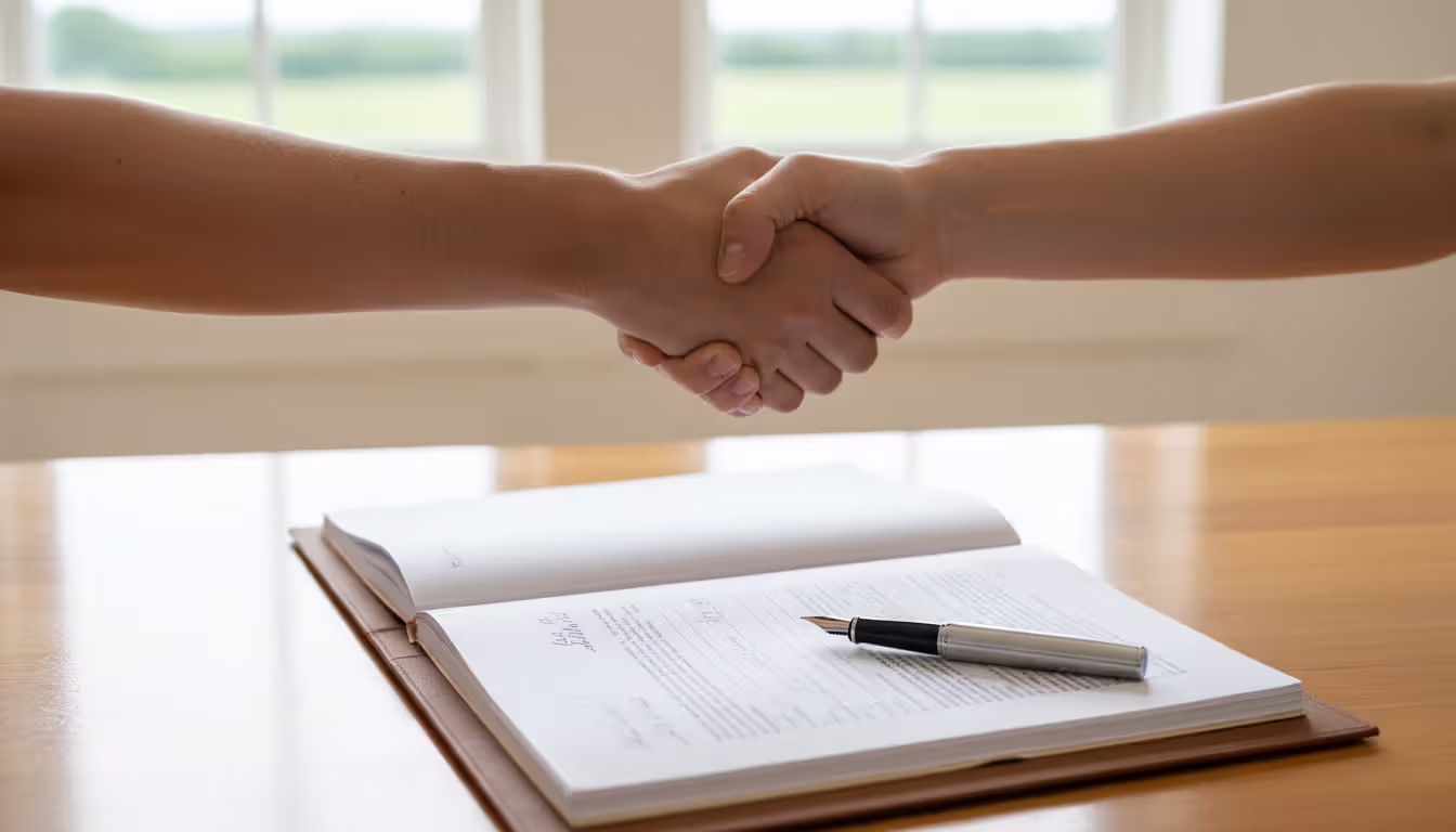 Handshake over a signed lease document on a desk with a pen