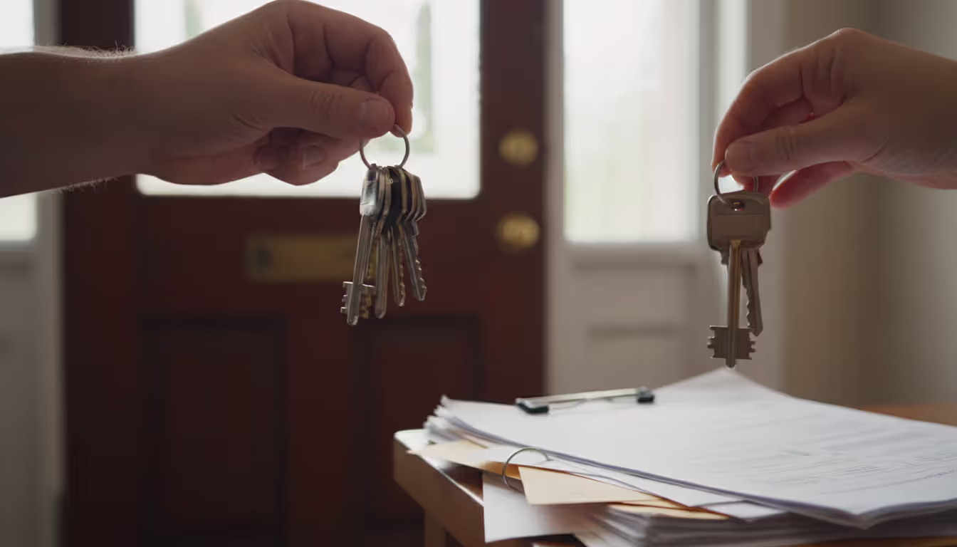 Close-up of a hand holding house keys near an open front door with documents nearby
