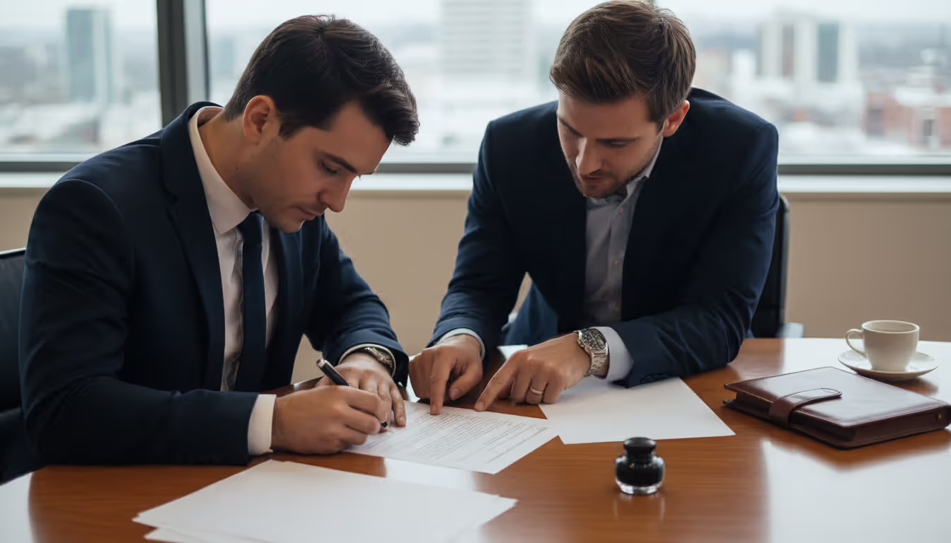 Two people at a table, one signing a document while the other points to a specific line