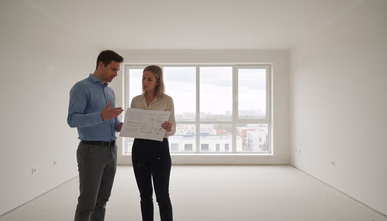 A man and a woman standing in an empty apartment living room reviewing a document together