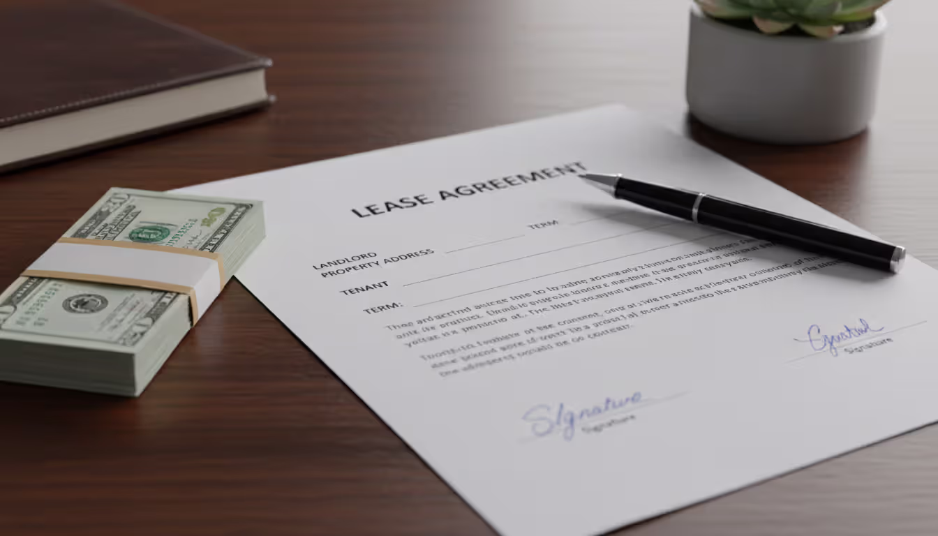 Close-up of a signed lease agreement on a wooden desk with a pen and a small stack of dollar bills representing a security deposit