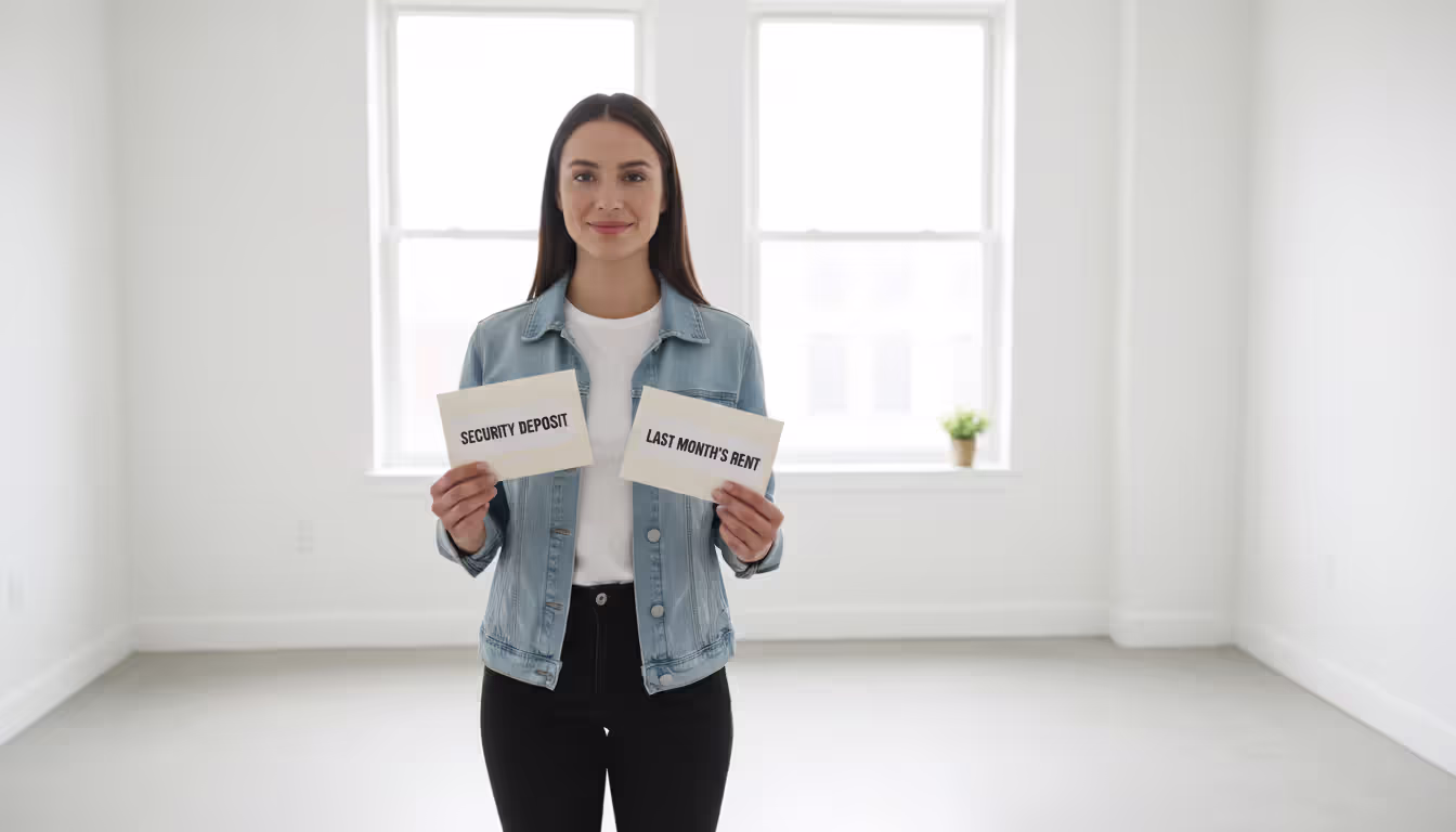 A female tenant standing in an empty clean apartment holding two labeled envelopes one marked Security Deposit and another marked Last Month Rent