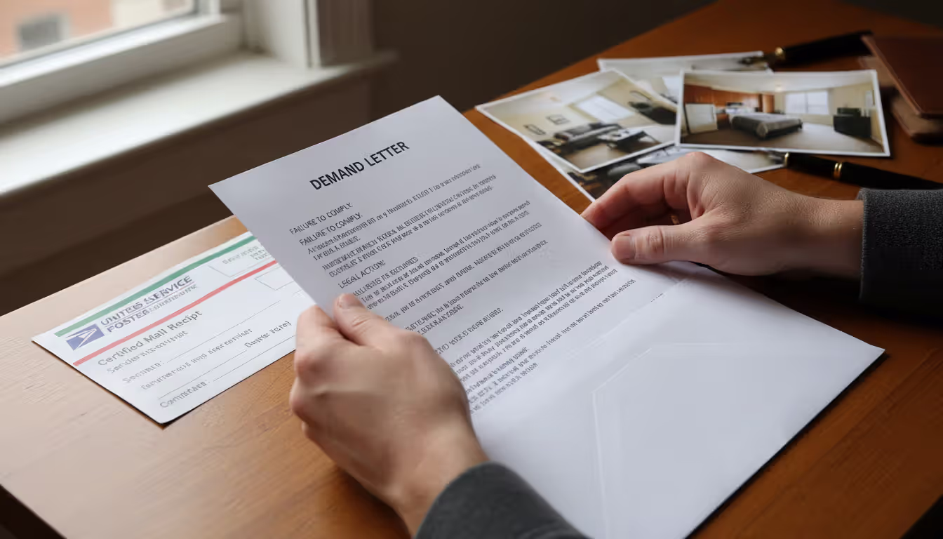 Hands at a desk placing a formal demand letter into an envelope with a certified mail receipt and printed apartment photos nearby