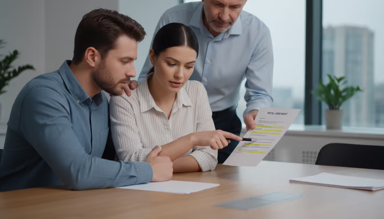 A young couple sitting across from a landlord at a desk reviewing a lease document with itemized charges highlighted