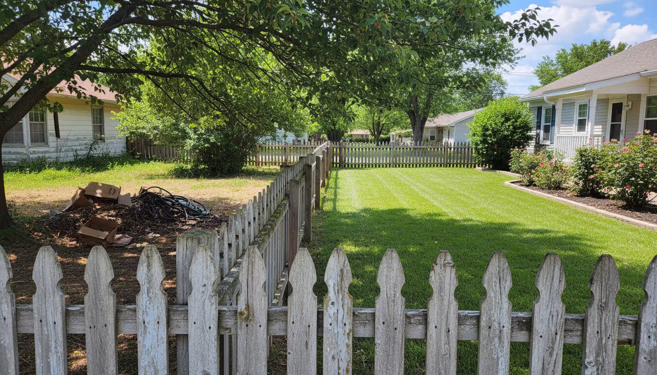 Wooden fence between two suburban properties with overgrown tree branches hanging over onto a well-maintained neighboring yard