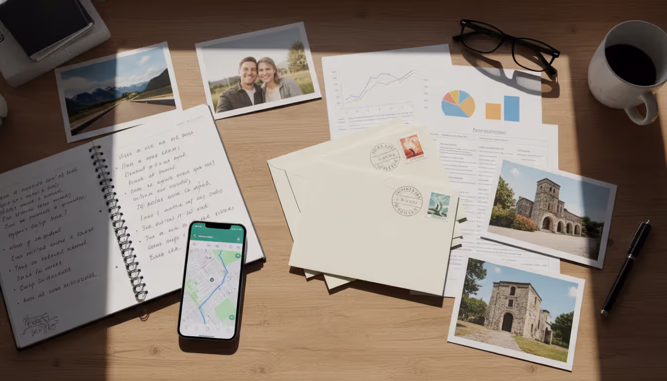Overhead view of a desk with organized documentation including envelopes letters notebook smartphone and printed photographs for evidence gathering
