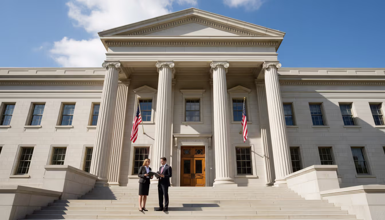 Exterior of an American courthouse with columns and steps with two people in business attire discussing documents outside