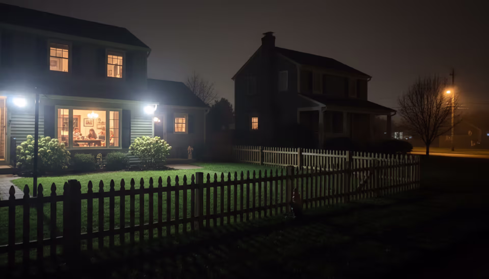 Two neighboring suburban houses at night with bright floodlights on one side and a dark quiet house on the other side of a wooden fence