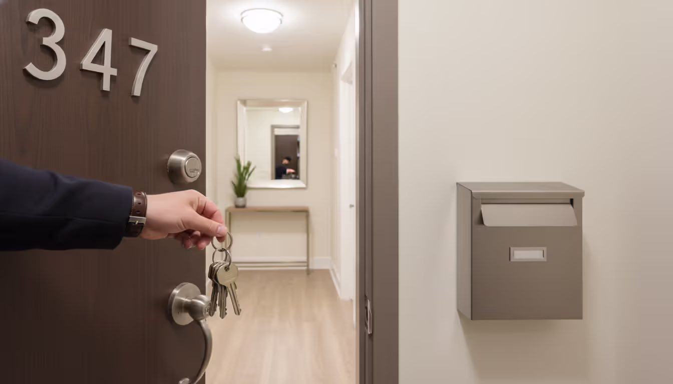 Hand holding keys in front of an open apartment door with a unit number visible