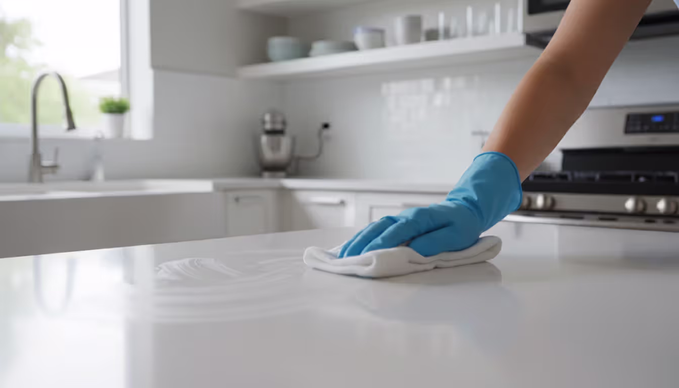 Person cleaning a kitchen countertop in a well-maintained modern apartment