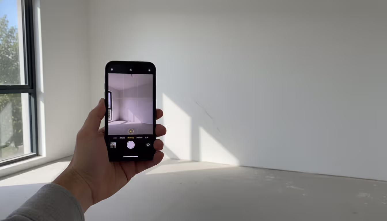 Person using a smartphone to photograph wall damage during a move-in inspection in an empty room