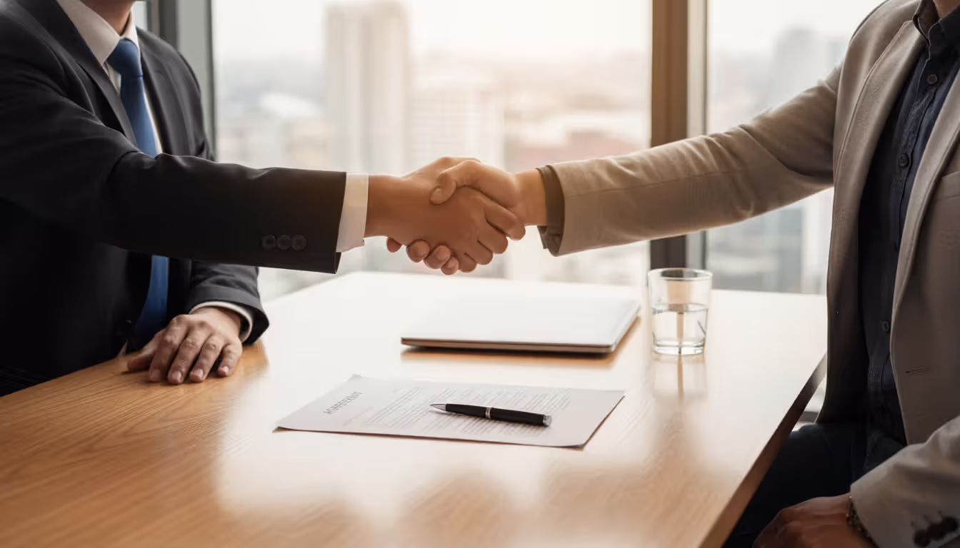 Tenant and landlord shaking hands over a lease termination agreement on a desk