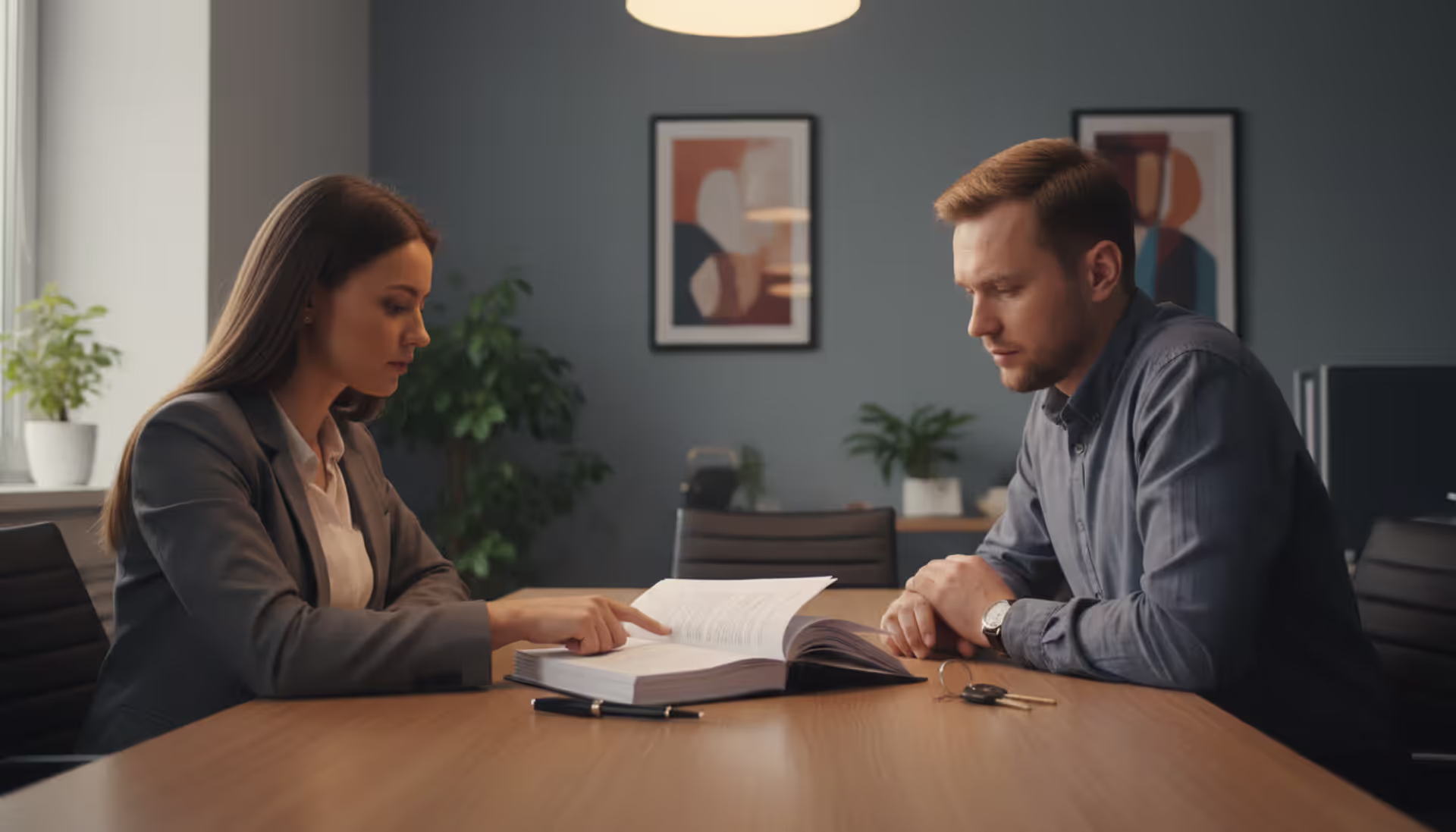 Two people reviewing a multi-page lease document at a desk with apartment keys nearby