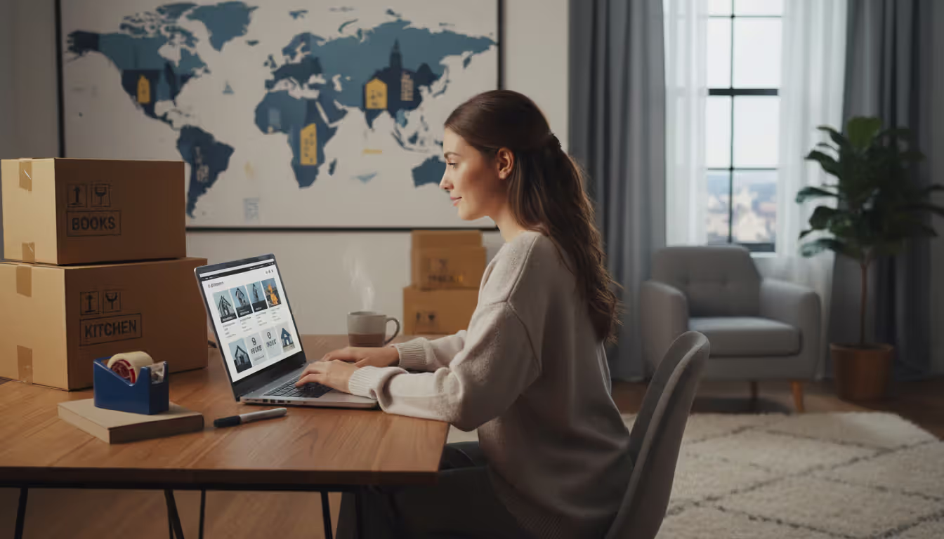 Young woman sitting at a laptop in an apartment with packed moving boxes nearby, browsing housing listings on the screen