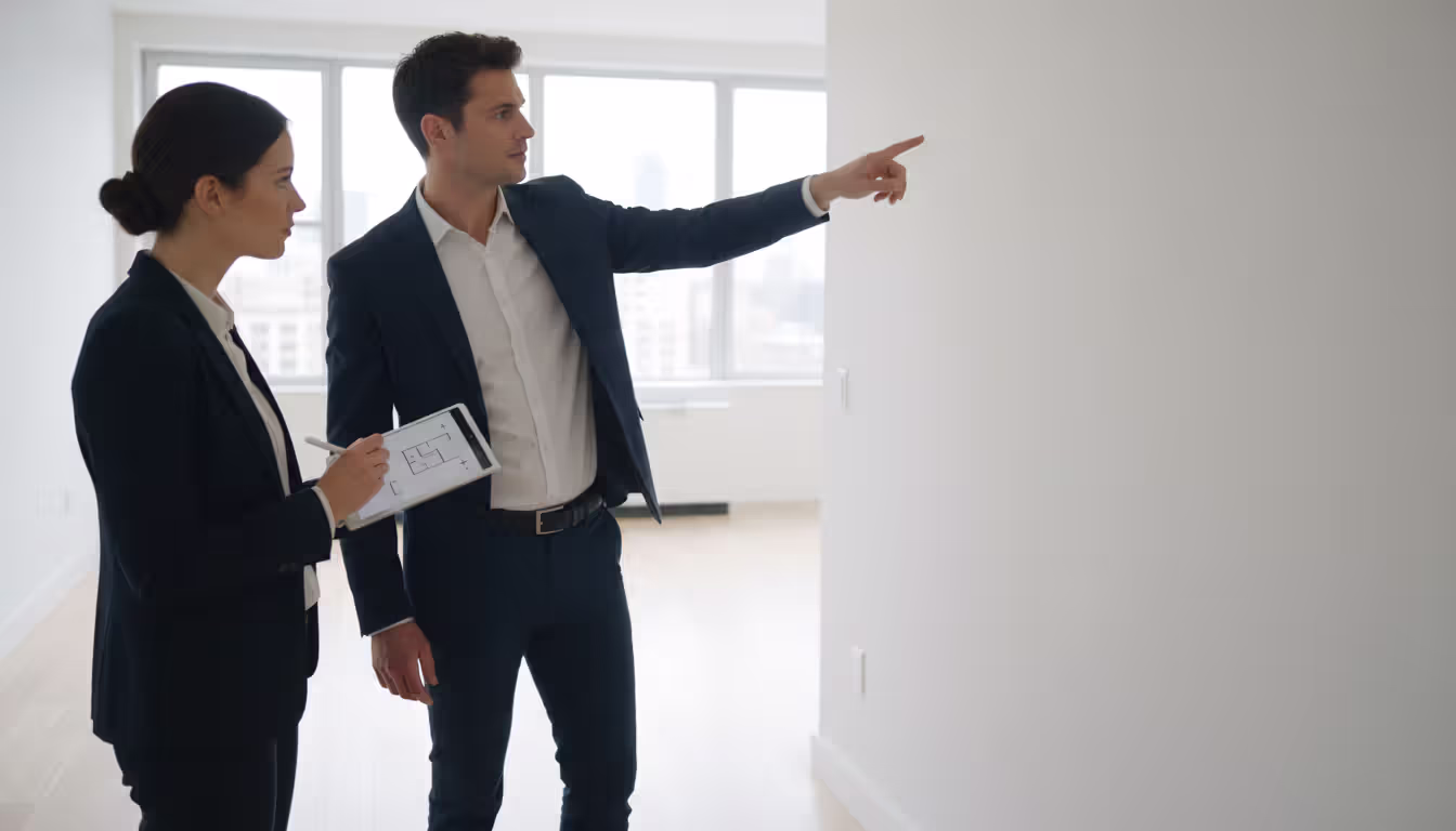 Two people conducting an apartment walkthrough inspection, one holding a notepad and taking notes while the other points at a wall in a bright empty room