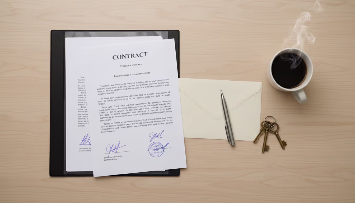 Top-down view of an organized desk with a signed lease agreement, an envelope, a pen, apartment keys, and a cup of coffee on a light wooden surface