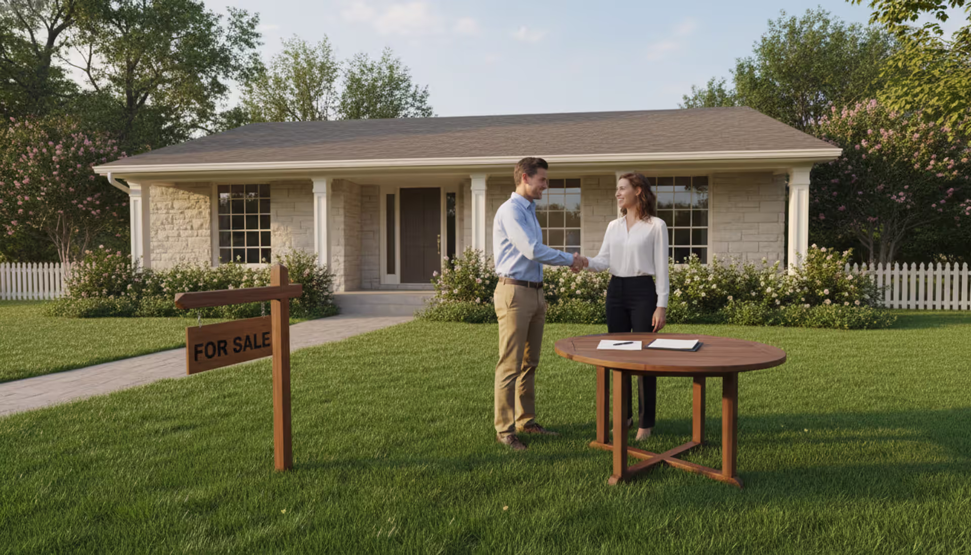 Two people shaking hands in front of a suburban house with a For Sale sign, documents on a table between them, symbolizing a land contract real estate deal