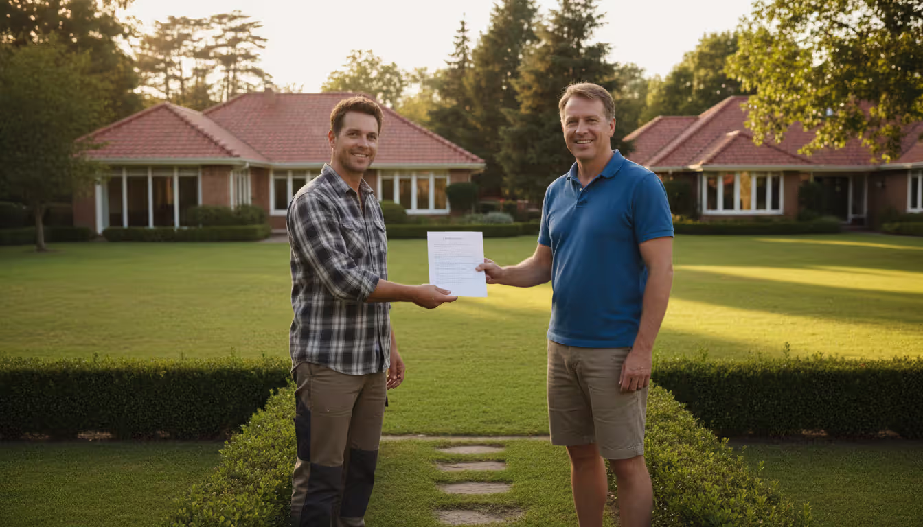 Two neighbors standing at a property boundary, one handing a written permission document to the other, residential houses and green lawn in the background