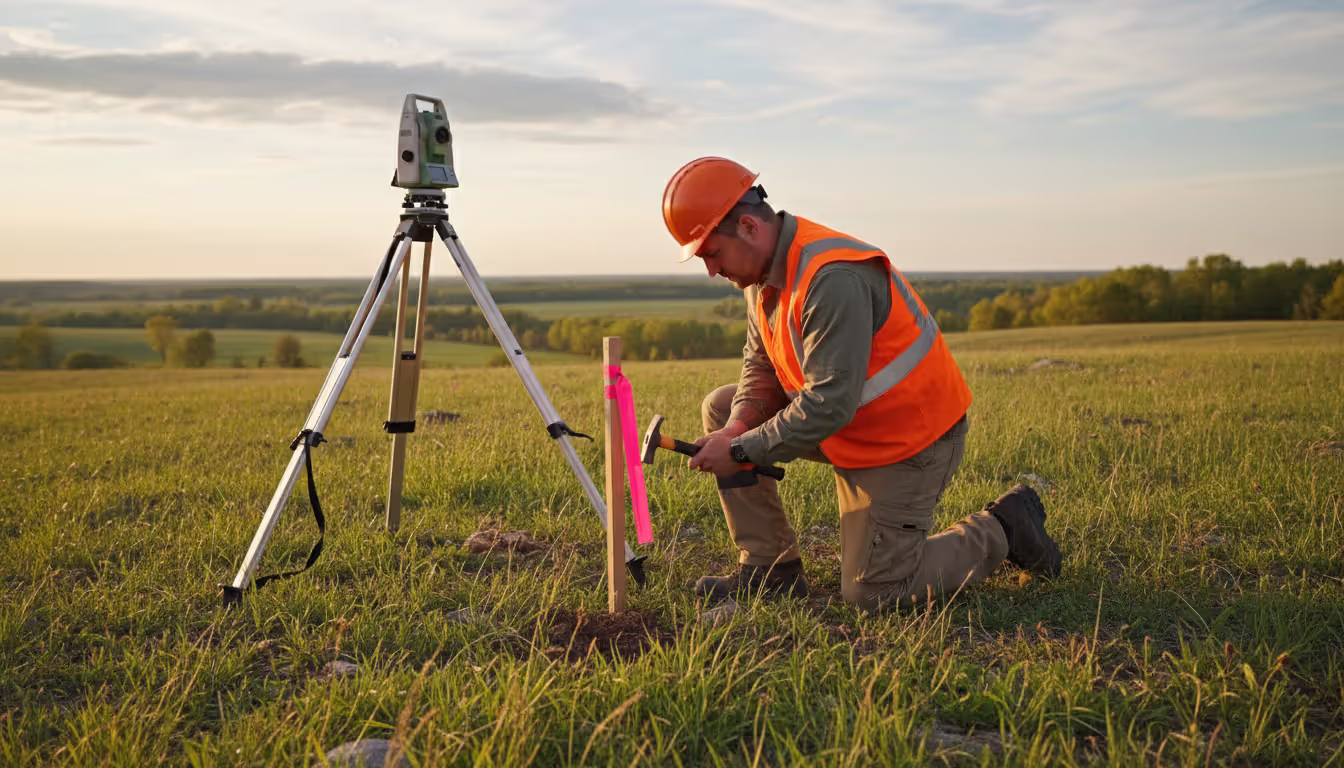 Land surveyor in work gear placing a boundary stake with bright ribbon, using theodolite equipment on a tripod in an open field