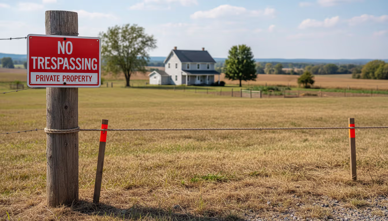 Close-up of a No Trespassing sign on a fence post with boundary stakes and rope marking a property line, rural house in the background, daytime