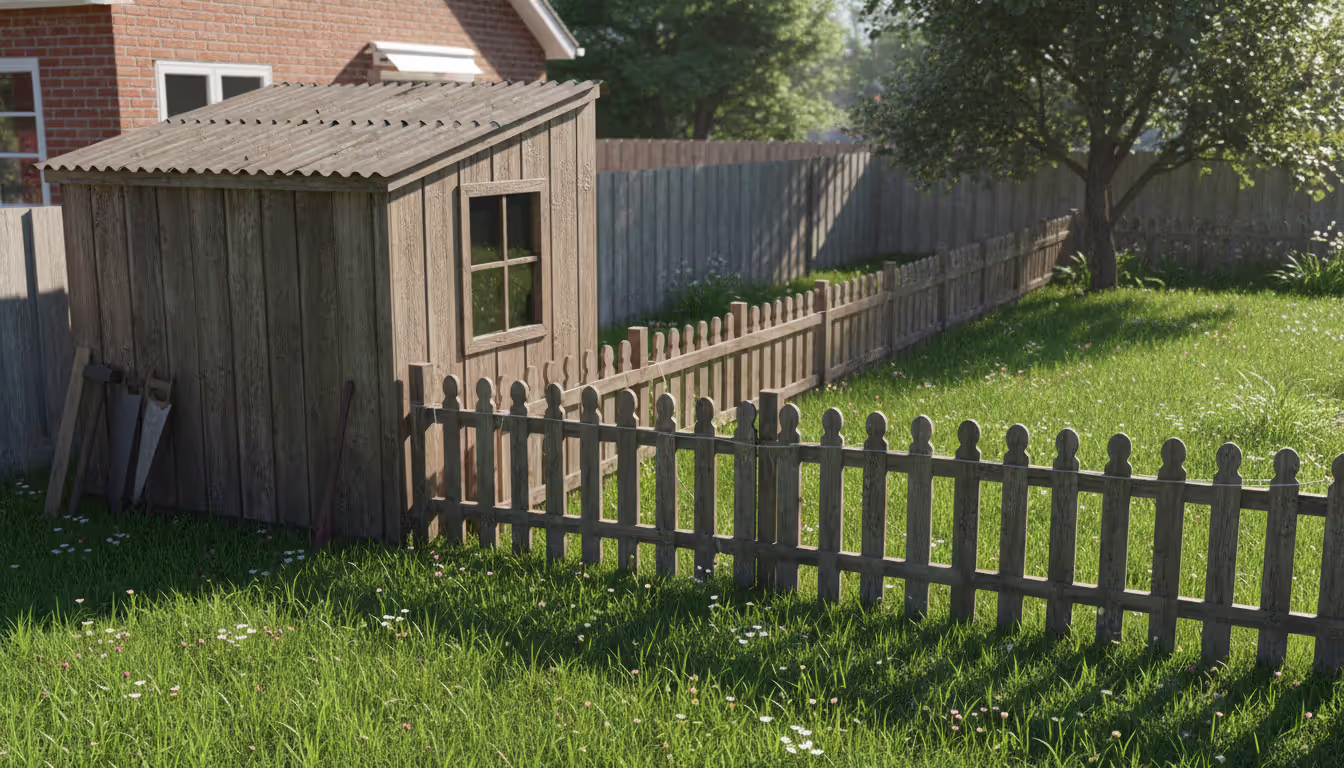 Small wooden shed built partially across a fence line encroaching onto a neighboring property, green grass, daytime residential setting