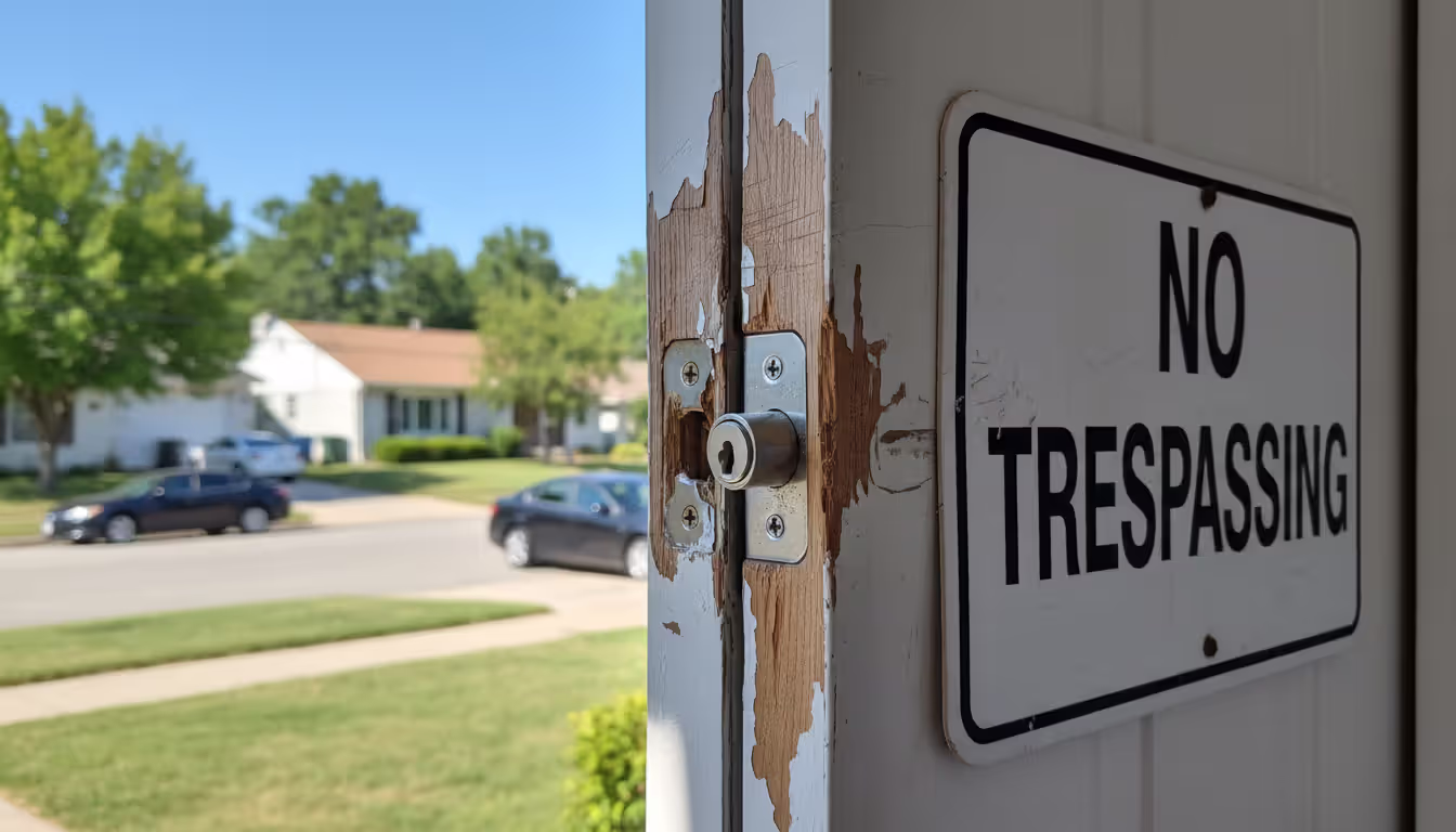Close-up of a damaged front door lock showing signs of forced entry at a residential property with a No Trespassing sign