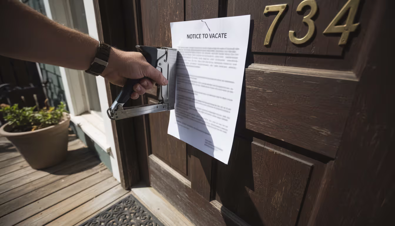Hand posting an eviction notice document on the front door of a residential property