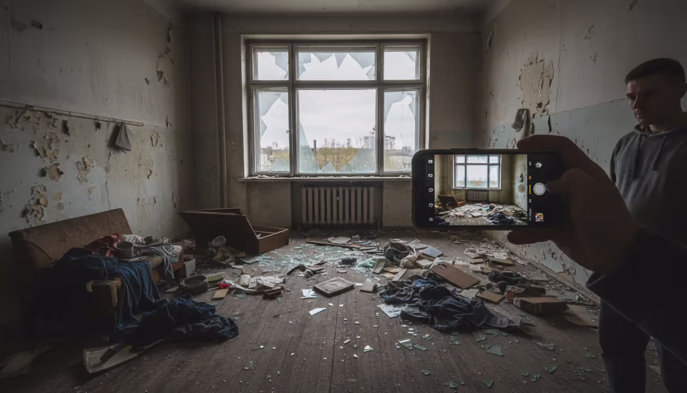 Property owner using a smartphone to photograph damage and evidence inside a neglected occupied house